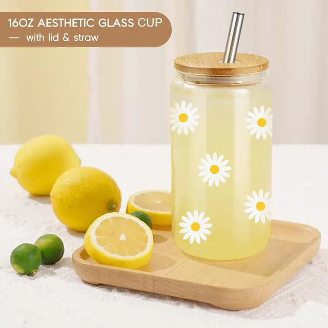 Alt view image 6 of 7 - Daisy Aesthetic Gifts, Iced Coffee Cup, Cute Glass Cups with Lids and Straws - Cute Mugs, Flower Mug, Glass Tumbler - Mothers Day, Birthday Gifts for Women, Coffee Lovers, Friend, Girls, Mom, Her