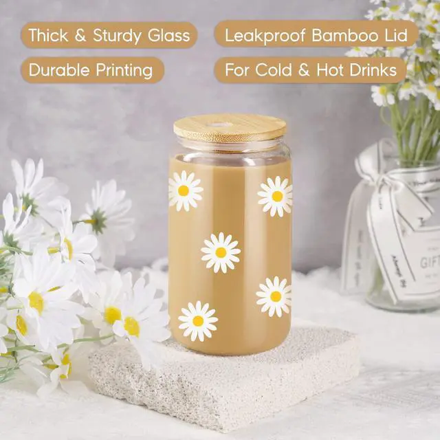 Alt view image 3 of 7 - Daisy Aesthetic Gifts, Iced Coffee Cup, Cute Glass Cups with Lids and Straws - Cute Mugs, Flower Mug, Glass Tumbler - Mothers Day, Birthday Gifts for Women, Coffee Lovers, Friend, Girls, Mom, Her