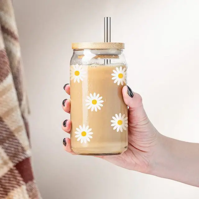 Alt view image 5 of 7 - Daisy Aesthetic Gifts, Iced Coffee Cup, Cute Glass Cups with Lids and Straws - Cute Mugs, Flower Mug, Glass Tumbler - Mothers Day, Birthday Gifts for Women, Coffee Lovers, Friend, Girls, Mom, Her