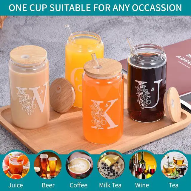 Alt view image 2 of 7 - Initial Glass Cups with Lids and Straws, Monogrammed Gifts for Women, 16oz Beer Glass Tumbler, Iced Coffee Mug, Personalized Gift for Graduation. Employee Appreciation Gifts Birthday Gift for Her (M)