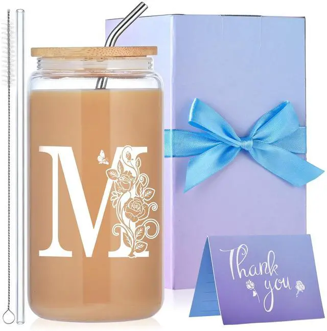 Main image of Initial Glass Cups with Lids and Straws, Monogrammed Gifts for Women, 16oz Beer Glass Tumbler, Iced Coffee Mug, Personalized Gift for Graduation. Employee Appreciation Gifts Birthday Gift for Her (M)