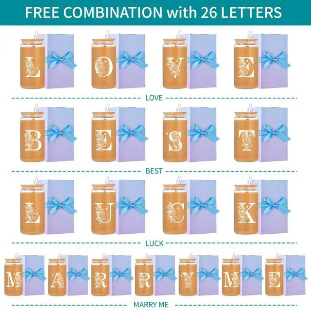 Alt view image 4 of 7 - Initial Glass Cups with Lids and Straws, Monogrammed Gifts for Women, 16oz Beer Glass Tumbler, Iced Coffee Mug, Personalized Gift for Graduation. Employee Appreciation Gifts Birthday Gift for Her (M)