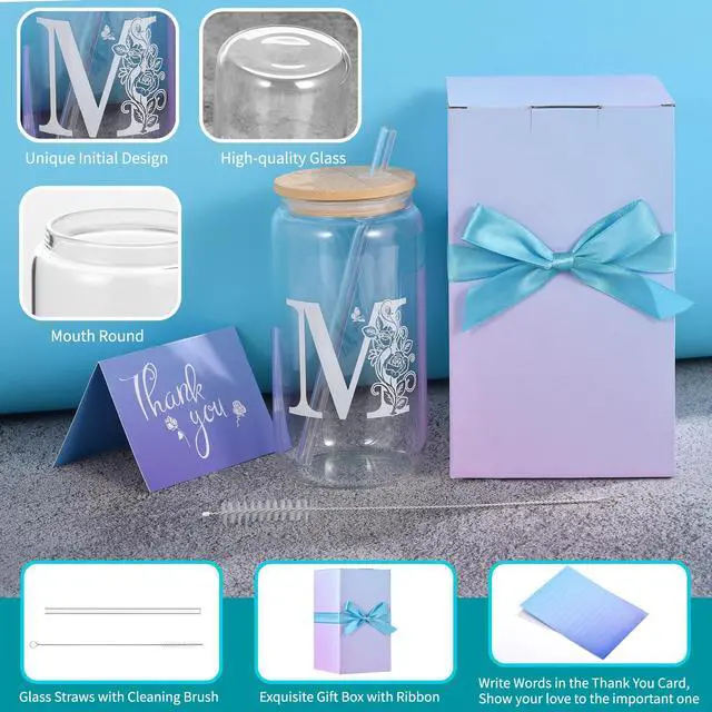 Alt view image 7 of 7 - Initial Glass Cups with Lids and Straws, Monogrammed Gifts for Women, 16oz Beer Glass Tumbler, Iced Coffee Mug, Personalized Gift for Graduation. Employee Appreciation Gifts Birthday Gift for Her (M)