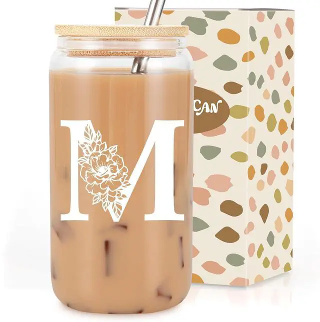 Main image of Initial Glass Cup, Monogrammed Gifts for Women, 16oz Glass Cups w/Lids Straws, Iced Coffee Smoothie Beer Tumbler w/Straw Lid, Personalized Mothers Day, Birthday Gifts for Woman Mom Friend Her