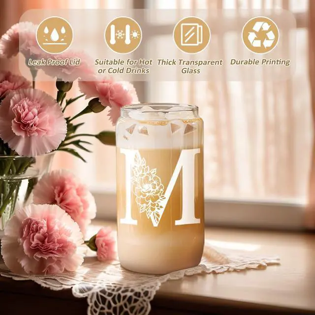 Alt view image 2 of 7 - Initial Glass Cup, Monogrammed Gifts for Women, 16oz Glass Cups w/Lids Straws, Iced Coffee Smoothie Beer Tumbler w/Straw Lid, Personalized Mothers Day, Birthday Gifts for Woman Mom Friend Her