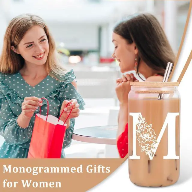 Alt view image 3 of 7 - Initial Glass Cup, Monogrammed Gifts for Women, 16oz Glass Cups w/Lids Straws, Iced Coffee Smoothie Beer Tumbler w/Straw Lid, Personalized Mothers Day, Birthday Gifts for Woman Mom Friend Her