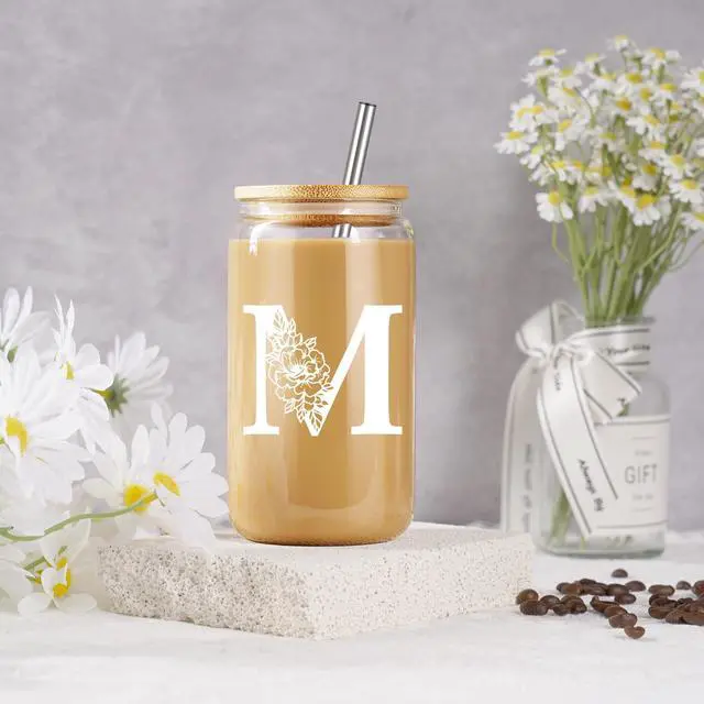 Alt view image 4 of 7 - Initial Glass Cup, Monogrammed Gifts for Women, 16oz Glass Cups w/Lids Straws, Iced Coffee Smoothie Beer Tumbler w/Straw Lid, Personalized Mothers Day, Birthday Gifts for Woman Mom Friend Her