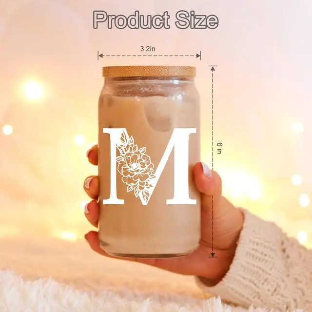 Alt view image 5 of 7 - Initial Glass Cup, Monogrammed Gifts for Women, 16oz Glass Cups w/Lids Straws, Iced Coffee Smoothie Beer Tumbler w/Straw Lid, Personalized Mothers Day, Birthday Gifts for Woman Mom Friend Her