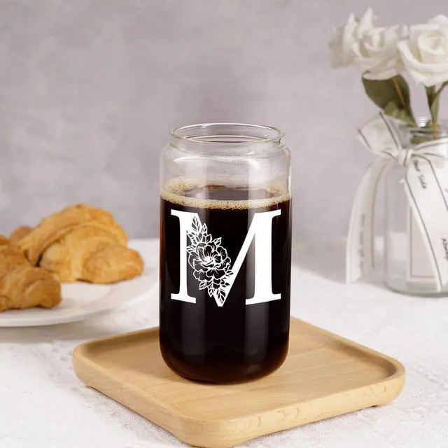 Alt view image 7 of 7 - Initial Glass Cup, Monogrammed Gifts for Women, 16oz Glass Cups w/Lids Straws, Iced Coffee Smoothie Beer Tumbler w/Straw Lid, Personalized Mothers Day, Birthday Gifts for Woman Mom Friend Her
