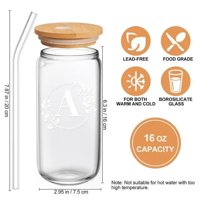 Alt view image 2 of 7 - Birthday Gifts for Women, Monogrammed Initial Glass Cup Personalized Gifts for Women, 16oz Glass Cups with Lids and Straws, Iced Coffee Cup, Beer Can Shaped Glass - Gifts for Mothers Day, Christmas, A