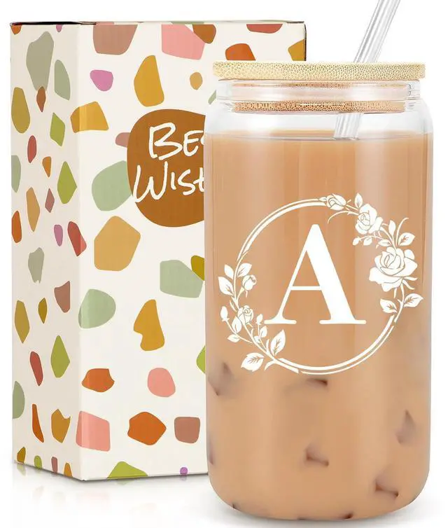 Main image of Birthday Gifts for Women, Monogrammed Initial Glass Cup Personalized Gifts for Women, 16oz Glass Cups with Lids and Straws, Iced Coffee Cup, Beer Can Shaped Glass - Gifts for Mothers Day, Christmas, A