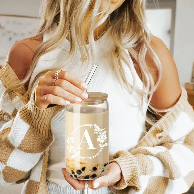 Alt view image 3 of 7 - Birthday Gifts for Women, Monogrammed Initial Glass Cup Personalized Gifts for Women, 16oz Glass Cups with Lids and Straws, Iced Coffee Cup, Beer Can Shaped Glass - Gifts for Mothers Day, Christmas, A
