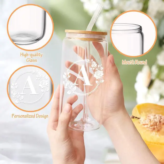 Alt view image 4 of 7 - Birthday Gifts for Women, Monogrammed Initial Glass Cup Personalized Gifts for Women, 16oz Glass Cups with Lids and Straws, Iced Coffee Cup, Beer Can Shaped Glass - Gifts for Mothers Day, Christmas, A