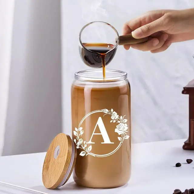 Alt view image 5 of 7 - Birthday Gifts for Women, Monogrammed Initial Glass Cup Personalized Gifts for Women, 16oz Glass Cups with Lids and Straws, Iced Coffee Cup, Beer Can Shaped Glass - Gifts for Mothers Day, Christmas, A