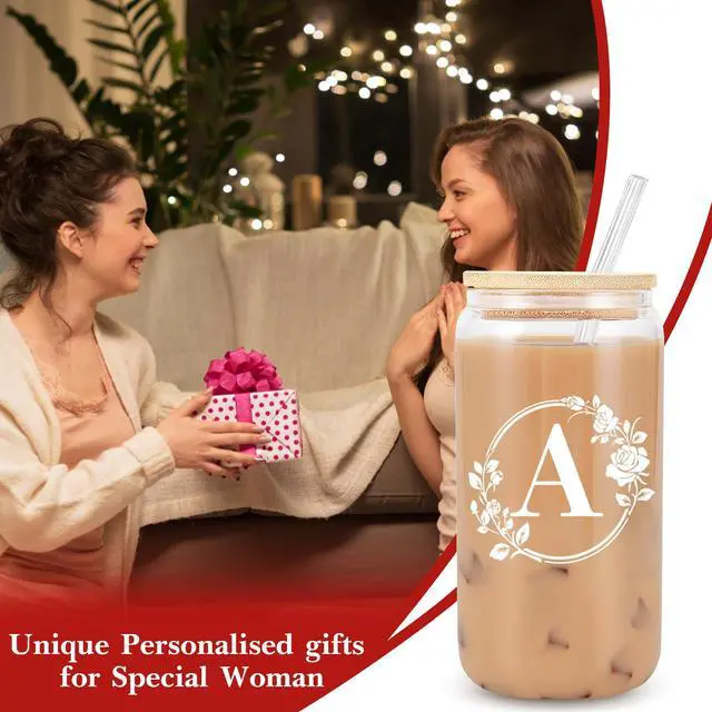 Alt view image 6 of 7 - Birthday Gifts for Women, Monogrammed Initial Glass Cup Personalized Gifts for Women, 16oz Glass Cups with Lids and Straws, Iced Coffee Cup, Beer Can Shaped Glass - Gifts for Mothers Day, Christmas, A
