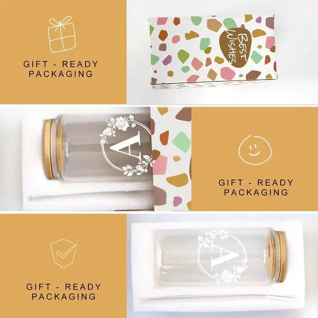 Alt view image 7 of 7 - Birthday Gifts for Women, Monogrammed Initial Glass Cup Personalized Gifts for Women, 16oz Glass Cups with Lids and Straws, Iced Coffee Cup, Beer Can Shaped Glass - Gifts for Mothers Day, Christmas, A