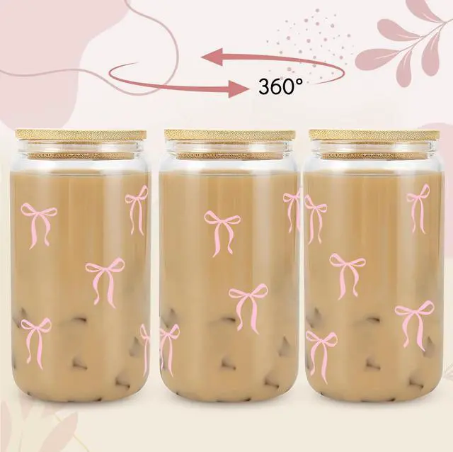 Alt view image 2 of 7 - Cute Pink Bow Glass Cup with Lids and Straws, Teen Girl Gifts Trendy Stuff, Coquette Iced Coffee Cup, Gifts Preppy Design Drinking Jar, Birthday Valentines Day Christmas Gift for Daughter Niece Friend
