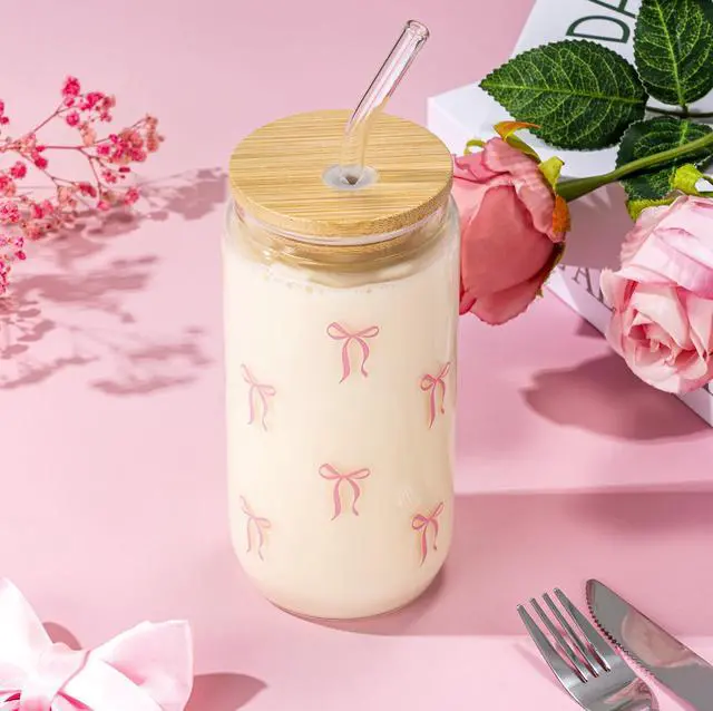 Alt view image 3 of 7 - Cute Pink Bow Glass Cup with Lids and Straws, Teen Girl Gifts Trendy Stuff, Coquette Iced Coffee Cup, Gifts Preppy Design Drinking Jar, Birthday Valentines Day Christmas Gift for Daughter Niece Friend