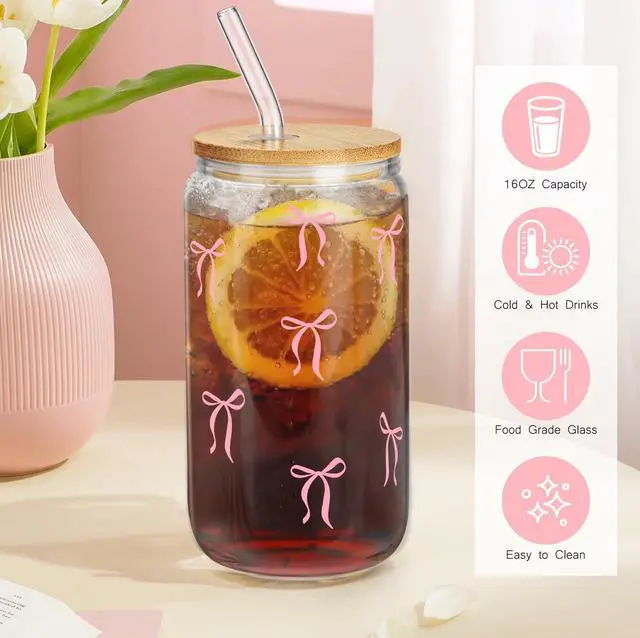 Alt view image 4 of 7 - Cute Pink Bow Glass Cup with Lids and Straws, Teen Girl Gifts Trendy Stuff, Coquette Iced Coffee Cup, Gifts Preppy Design Drinking Jar, Birthday Valentines Day Christmas Gift for Daughter Niece Friend