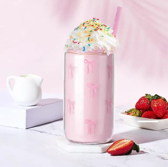 Alt view image 5 of 7 - Cute Pink Bow Glass Cup with Lids and Straws, Teen Girl Gifts Trendy Stuff, Coquette Iced Coffee Cup, Gifts Preppy Design Drinking Jar, Birthday Valentines Day Christmas Gift for Daughter Niece Friend