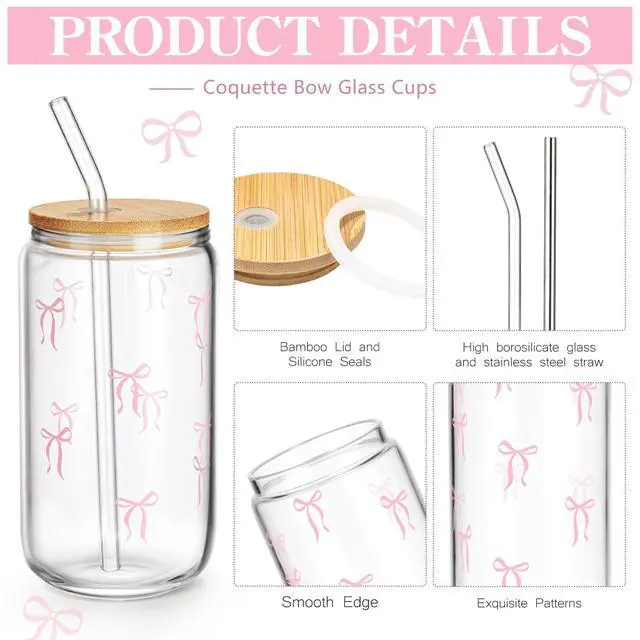 Alt view image 6 of 7 - Cute Pink Bow Glass Cup with Lids and Straws, Teen Girl Gifts Trendy Stuff, Coquette Iced Coffee Cup, Gifts Preppy Design Drinking Jar, Birthday Valentines Day Christmas Gift for Daughter Niece Friend