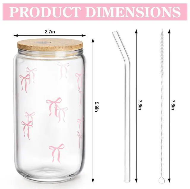 Alt view image 7 of 7 - Cute Pink Bow Glass Cup with Lids and Straws, Teen Girl Gifts Trendy Stuff, Coquette Iced Coffee Cup, Gifts Preppy Design Drinking Jar, Birthday Valentines Day Christmas Gift for Daughter Niece Friend