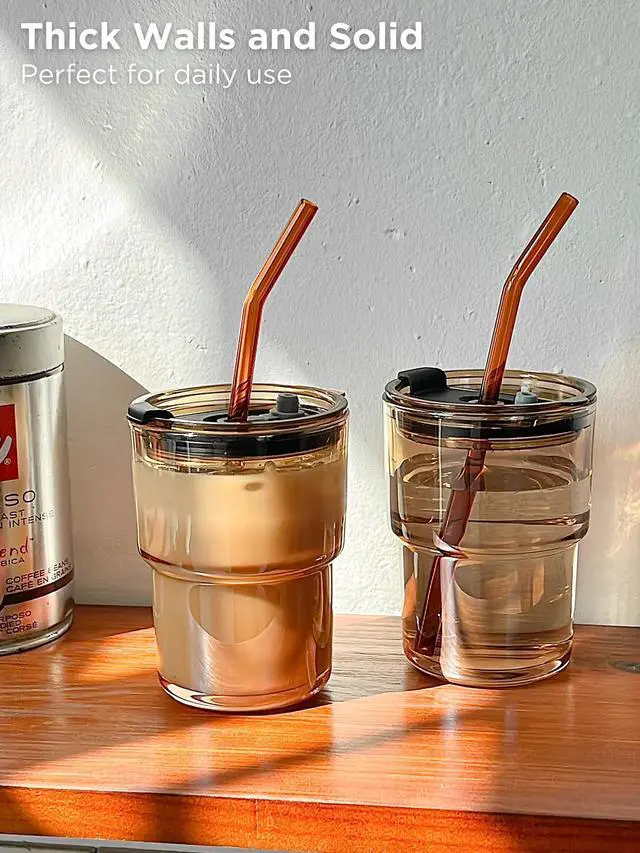 Alt view image 2 of 7 - 13oz Glass Tumbler with Straw and Lid, Reusable Iced Coffee Cup Tumbler, Cute Glass Cups for Water, Matcha, Travel Coffee Mugs (Amber - 13oz)