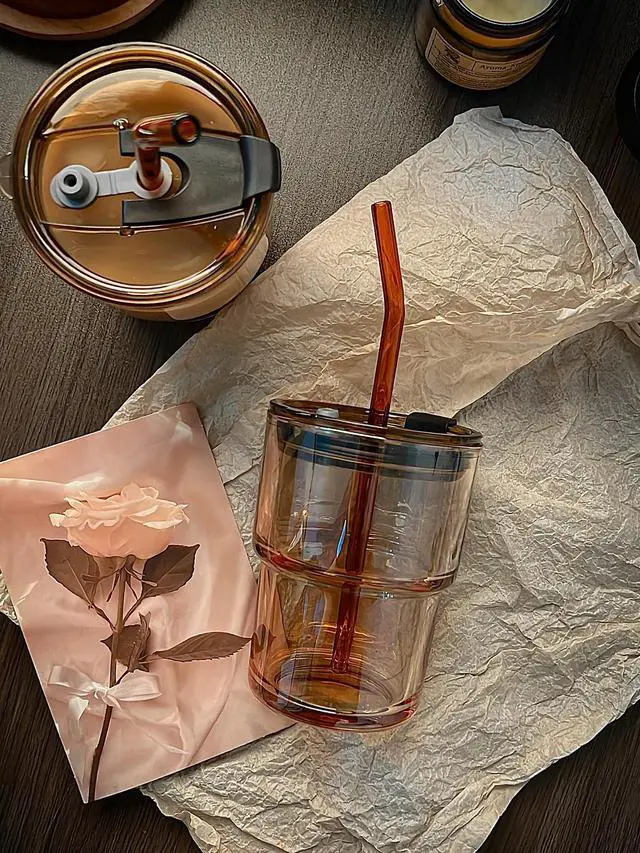 Alt view image 3 of 7 - 13oz Glass Tumbler with Straw and Lid, Reusable Iced Coffee Cup Tumbler, Cute Glass Cups for Water, Matcha, Travel Coffee Mugs (Amber - 13oz)