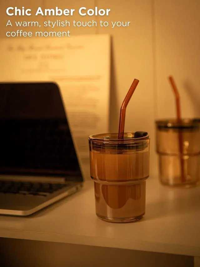 Alt view image 6 of 7 - 13oz Glass Tumbler with Straw and Lid, Reusable Iced Coffee Cup Tumbler, Cute Glass Cups for Water, Matcha, Travel Coffee Mugs (Amber - 13oz)
