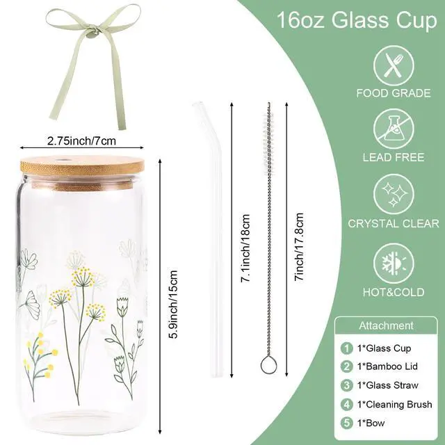 Alt view image 4 of 7 - Floral Gifts for Women, Flower Glass Cup with Lid and Straw, Aesthetic Wildflower Iced Coffee Drinking Cup Tumbler stuff for Women Mom Anniversary Birthday Thanksgiving 16oz