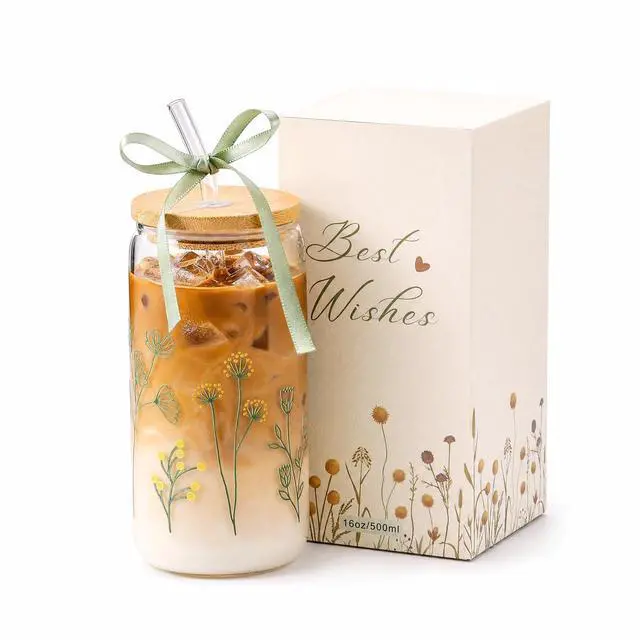 Main image of Floral Gifts for Women, Flower Glass Cup with Lid and Straw, Aesthetic Wildflower Iced Coffee Drinking Cup Tumbler stuff for Women Mom Anniversary Birthday Thanksgiving 16oz