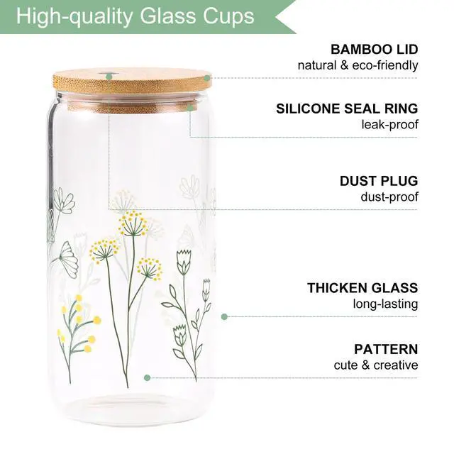 Alt view image 5 of 7 - Floral Gifts for Women, Flower Glass Cup with Lid and Straw, Aesthetic Wildflower Iced Coffee Drinking Cup Tumbler stuff for Women Mom Anniversary Birthday Thanksgiving 16oz