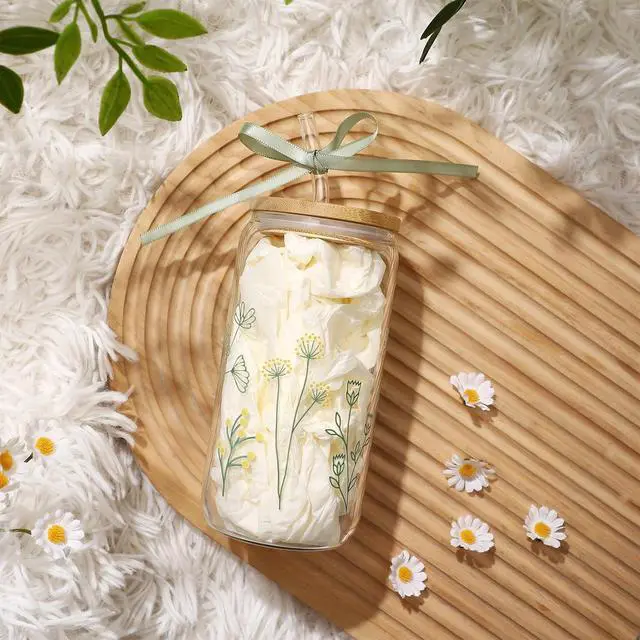 Alt view image 3 of 7 - Floral Gifts for Women, Flower Glass Cup with Lid and Straw, Aesthetic Wildflower Iced Coffee Drinking Cup Tumbler stuff for Women Mom Anniversary Birthday Thanksgiving 16oz