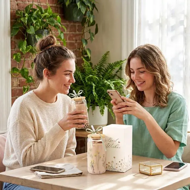 Alt view image 7 of 7 - Floral Gifts for Women, Flower Glass Cup with Lid and Straw, Aesthetic Wildflower Iced Coffee Drinking Cup Tumbler stuff for Women Mom Anniversary Birthday Thanksgiving 16oz