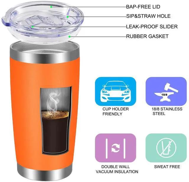 Alt view image 2 of 6 - 20oz Tumbler with Lid and Straw Stainless Steel Tumbler Cup Vacuum Insulated Double Wall Travel Coffee Mug Powder Coated Coffee Cup, Orange, 1 Pack