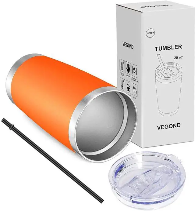 Alt view image 6 of 6 - 20oz Tumbler with Lid and Straw Stainless Steel Tumbler Cup Vacuum Insulated Double Wall Travel Coffee Mug Powder Coated Coffee Cup, Orange, 1 Pack