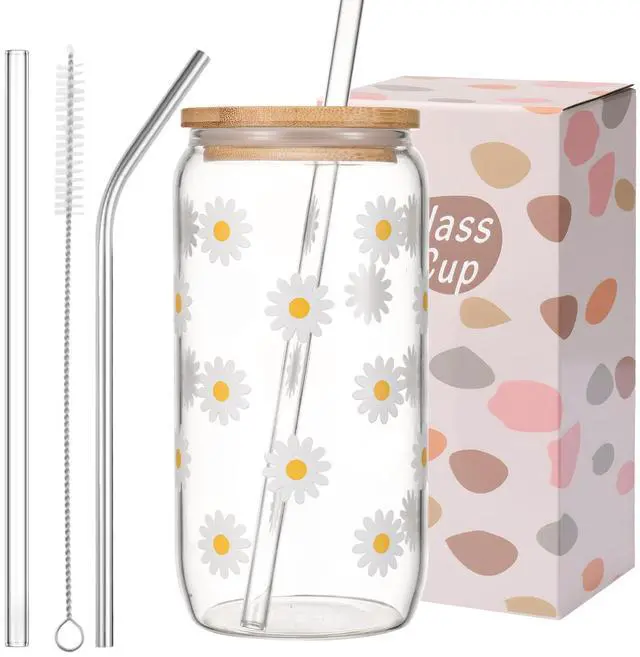 Main image of Cute Glass Cups with Lids and Straws, Daisy Flower Iced Coffee Smoothie Matcha Cup Tumbler Birthday Gifts for Women Sister Friend Her Preppy Teenage Girls Teen Girl Gifts Trendy Stuff Things
