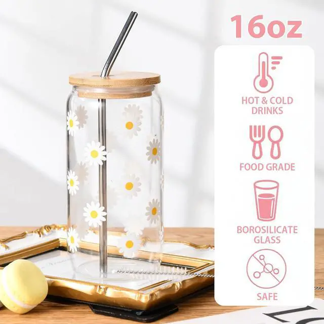 Alt view image 3 of 7 - Cute Glass Cups with Lids and Straws, Daisy Flower Iced Coffee Smoothie Matcha Cup Tumbler Birthday Gifts for Women Sister Friend Her Preppy Teenage Girls Teen Girl Gifts Trendy Stuff Things