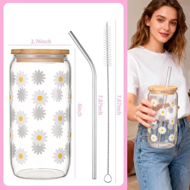 Alt view image 4 of 7 - Cute Glass Cups with Lids and Straws, Daisy Flower Iced Coffee Smoothie Matcha Cup Tumbler Birthday Gifts for Women Sister Friend Her Preppy Teenage Girls Teen Girl Gifts Trendy Stuff Things