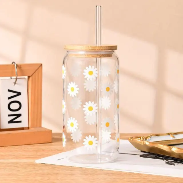 Alt view image 2 of 7 - Cute Glass Cups with Lids and Straws, Daisy Flower Iced Coffee Smoothie Matcha Cup Tumbler Birthday Gifts for Women Sister Friend Her Preppy Teenage Girls Teen Girl Gifts Trendy Stuff Things