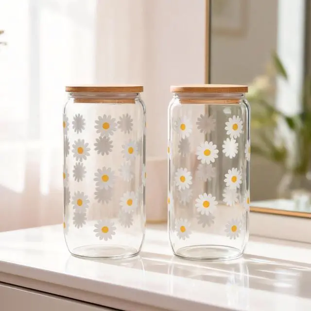 Alt view image 7 of 7 - Cute Glass Cups with Lids and Straws, Daisy Flower Iced Coffee Smoothie Matcha Cup Tumbler Birthday Gifts for Women Sister Friend Her Preppy Teenage Girls Teen Girl Gifts Trendy Stuff Things