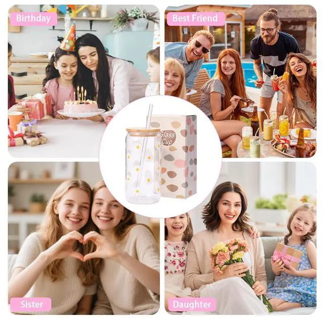 Alt view image 6 of 7 - Cute Glass Cups with Lids and Straws, Daisy Flower Iced Coffee Smoothie Matcha Cup Tumbler Birthday Gifts for Women Sister Friend Her Preppy Teenage Girls Teen Girl Gifts Trendy Stuff Things