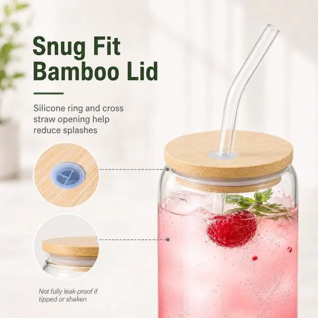 Alt view image 3 of 7 - Glass Cups with Lids and Straws 1 Pack, 16 oz Glass Coffee Cup with Bamboo Lid, Glass Straw and Cleaning Brush, Iced Coffee Cup for Matcha, Soda, Tea and Daily Drinks