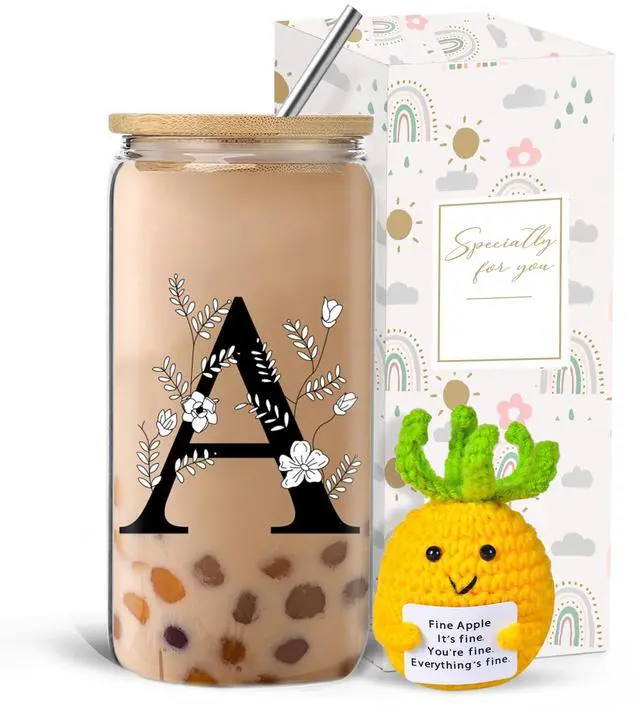 Main image of Monogrammed Initial Glass Cup with Lids and Straws, Personalized Gift Set with Doll, 16 Oz Ice Coffee Cup for Women, Birthday Christmas Mothers Day Gift for Her, A