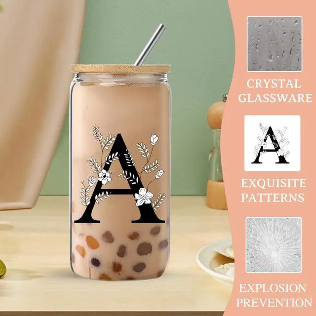 Alt view image 2 of 5 - Monogrammed Initial Glass Cup with Lids and Straws, Personalized Gift Set with Doll, 16 Oz Ice Coffee Cup for Women, Birthday Christmas Mothers Day Gift for Her, A