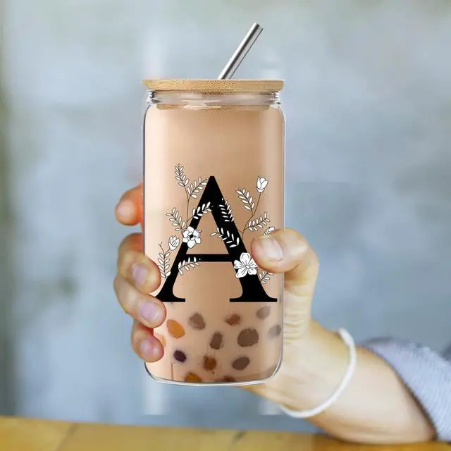 Alt view image 3 of 5 - Monogrammed Initial Glass Cup with Lids and Straws, Personalized Gift Set with Doll, 16 Oz Ice Coffee Cup for Women, Birthday Christmas Mothers Day Gift for Her, A