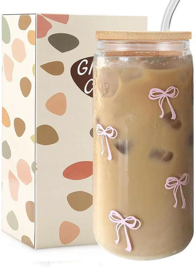 Main image of Coquette Aesthetic Glass Cups with Lids and Straws - Pink Bow Iced Coffee Cup Decor, Cute Tumbler Smoothie with Cleaning Brush&Gift Box, Gifts for Girls Women Friends, 16 oz