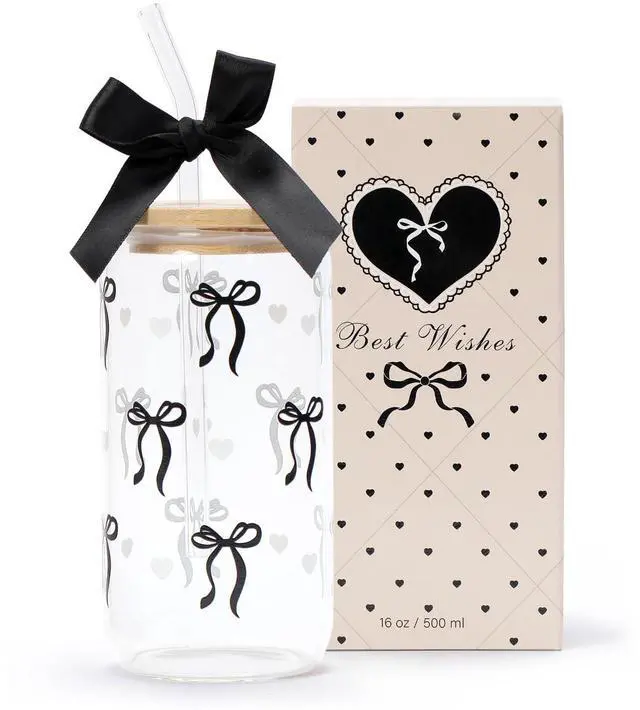 Main image of Coquette Black Bow Aesthetic Cup With Gift Box 16oz Glass Cup with Lids Straws and Black Bow Iced Coffee Smoothie Cute Tumbler with Cleaning Brush for Girls Bestfriend Sister Girlfriend, Preppy Stuff