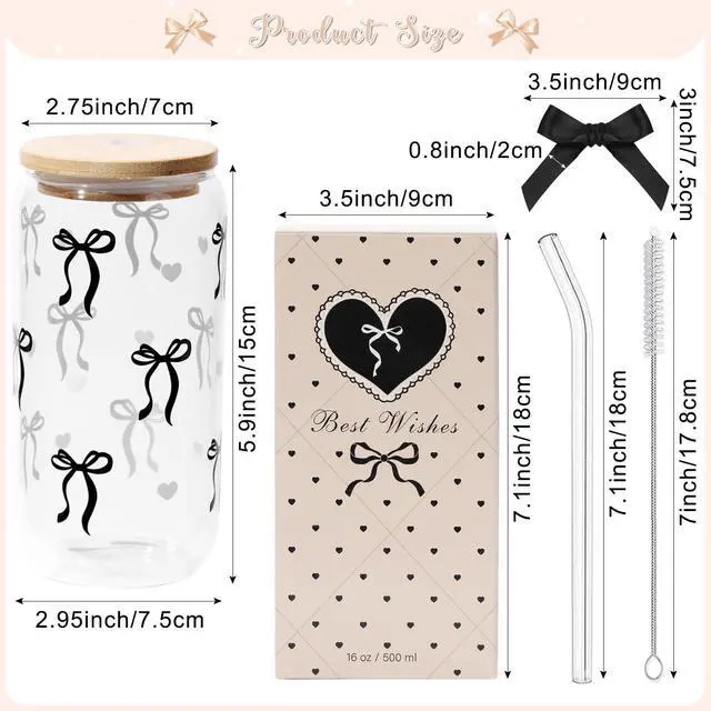 Alt view image 2 of 7 - Coquette Black Bow Aesthetic Cup With Gift Box 16oz Glass Cup with Lids Straws and Black Bow Iced Coffee Smoothie Cute Tumbler with Cleaning Brush for Girls Bestfriend Sister Girlfriend, Preppy Stuff