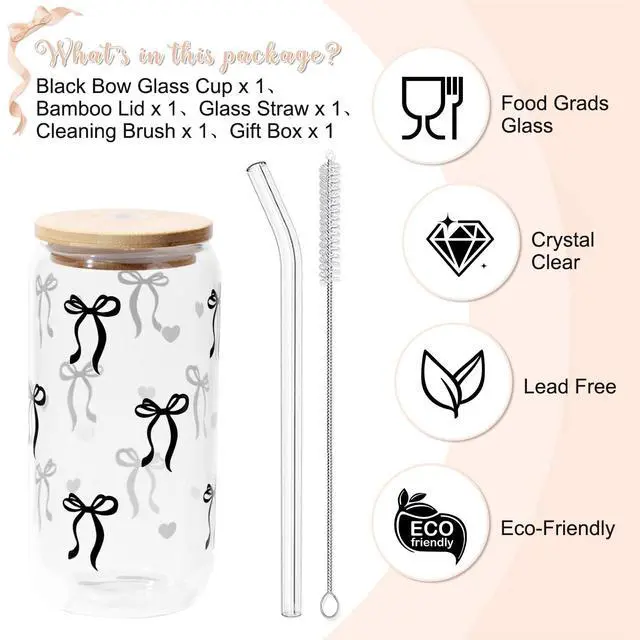 Alt view image 3 of 7 - Coquette Black Bow Aesthetic Cup With Gift Box 16oz Glass Cup with Lids Straws and Black Bow Iced Coffee Smoothie Cute Tumbler with Cleaning Brush for Girls Bestfriend Sister Girlfriend, Preppy Stuff